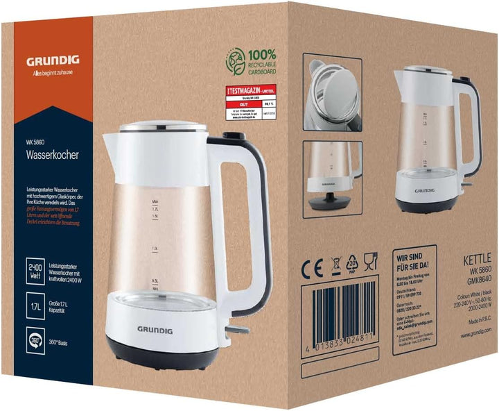 Grundig WK 5860 Wasserkocher, Glas, 2400W, 1,7 l, 2400, Aluminium, 1 Liter, Weiss/Schwarz