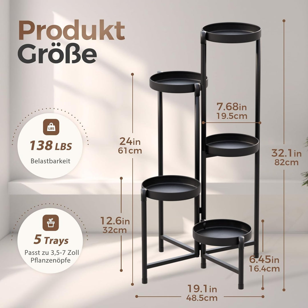 Bamworld Blumenständer Metall 5 Ebenen, Modernes Pflanzenregal für Innen und Aussen, Stabiler Pflanz