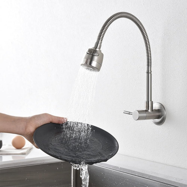 HOMELODY Wasserhahn Küche Wandmontage nur Kaltwasser Armatur Wandarmatur 360° Schwenkbar Doppelfunkt