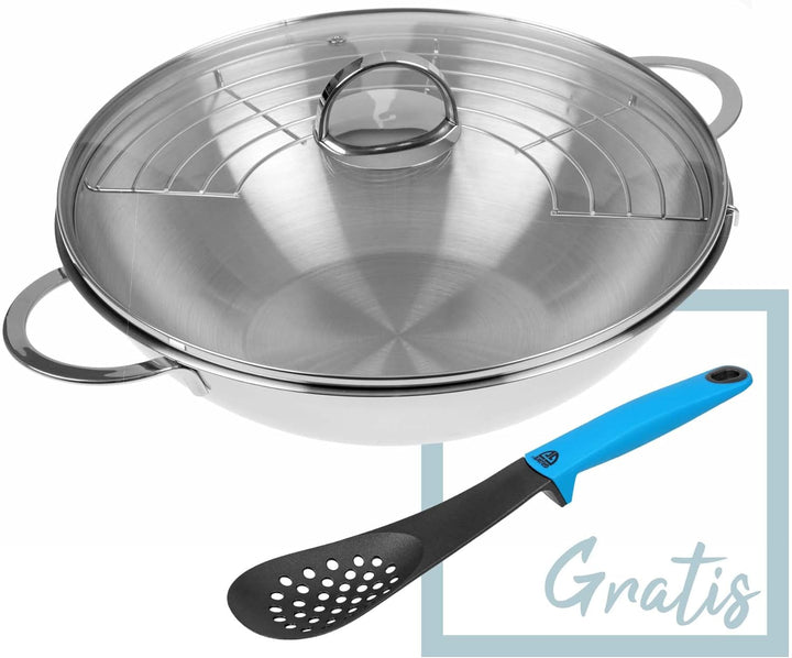 GRÄWE Edelstahl Wok 32 cm mit Glasdeckel und Ablagegitter, Edelstahl