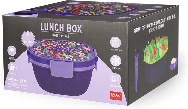 LEGAMI – Lunchbox, Flowers, 1 Gabel, 1 Tablett mit Fächern, 1 herausnehmbarer Gewürzbehälter inklusi