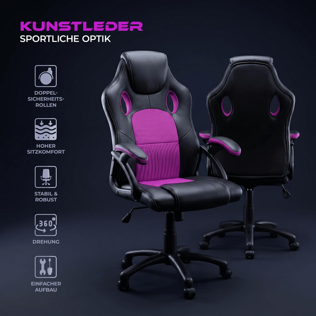 Gamer Stuhl Gaming Schreibtischstuhl Chefsessel Bürostuhl Ergonomisch, Lila, 9 Farbvarianten, gepols