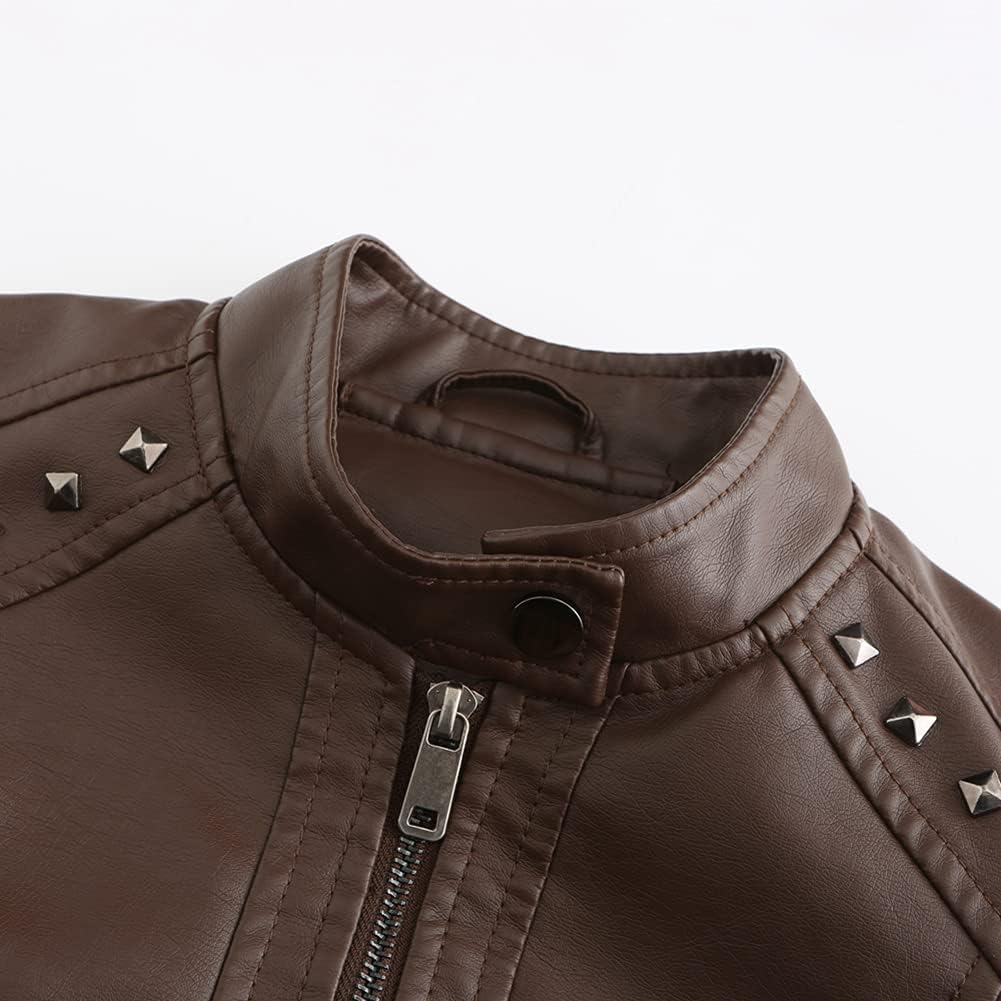 YYNUDA Damen Lederjacke Kurz Bikerjacke Stehkragen Reissverschluss Leder Jacke Übergangsjacke für He