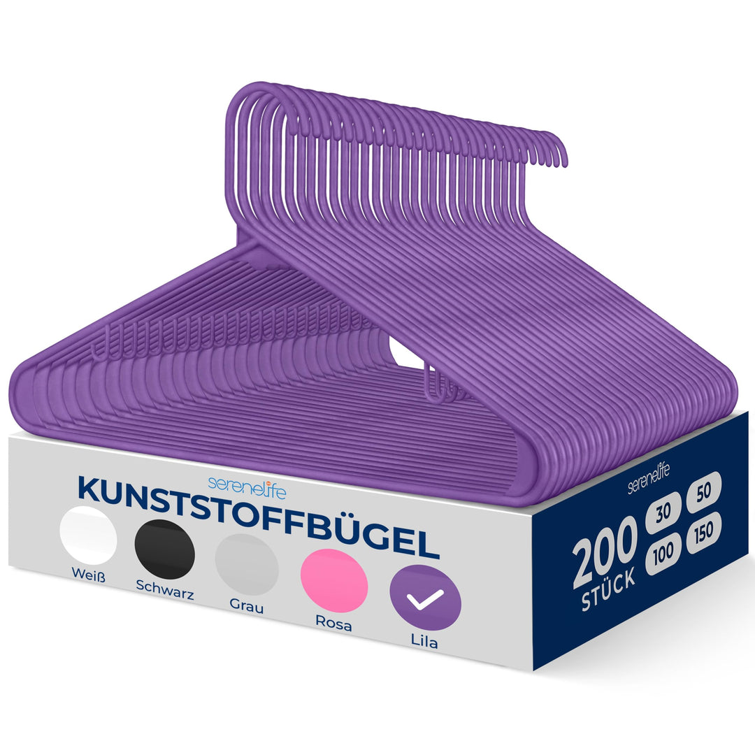 SereneLife Kleiderbügel 200Stück – Lila Kunststoff Aufhänger für Kinder & Erwachsene – Platzsparende