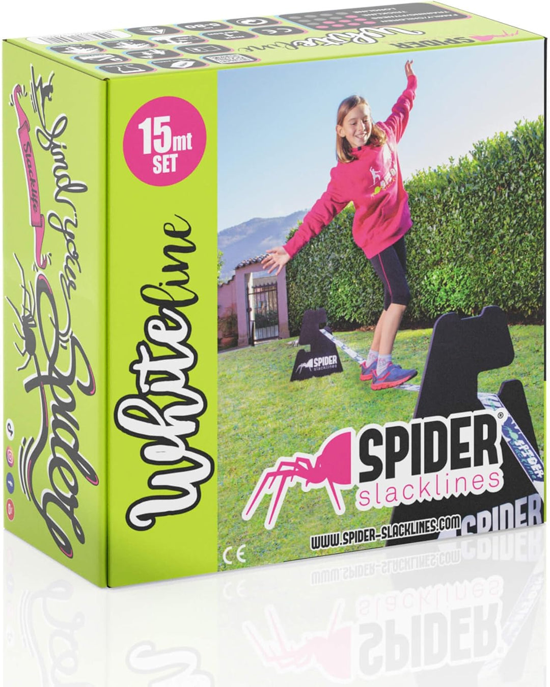 SPIDER SLACKLINE SKS01 - Slackline Kit White line - Workout und Gleichgewichtstraining, Walk &amp; Frees