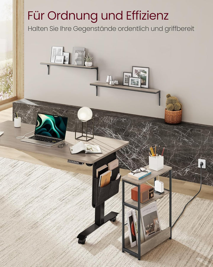 VASAGLE Beistelltisch schmal, Nachttisch mit Ladefunktion, Couchtisch klein, 3 Ablagen, Zeitschrifte