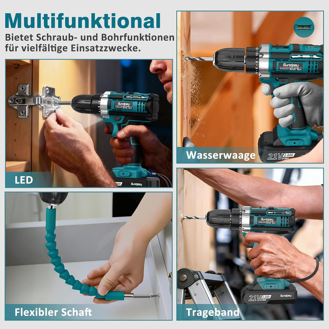Sundpey Akkuschrauber Set mit 2 Akkus 2,0Ah, 21V Akkubohrer und Schrauber, 1500U/min 45Nm Max Akku B