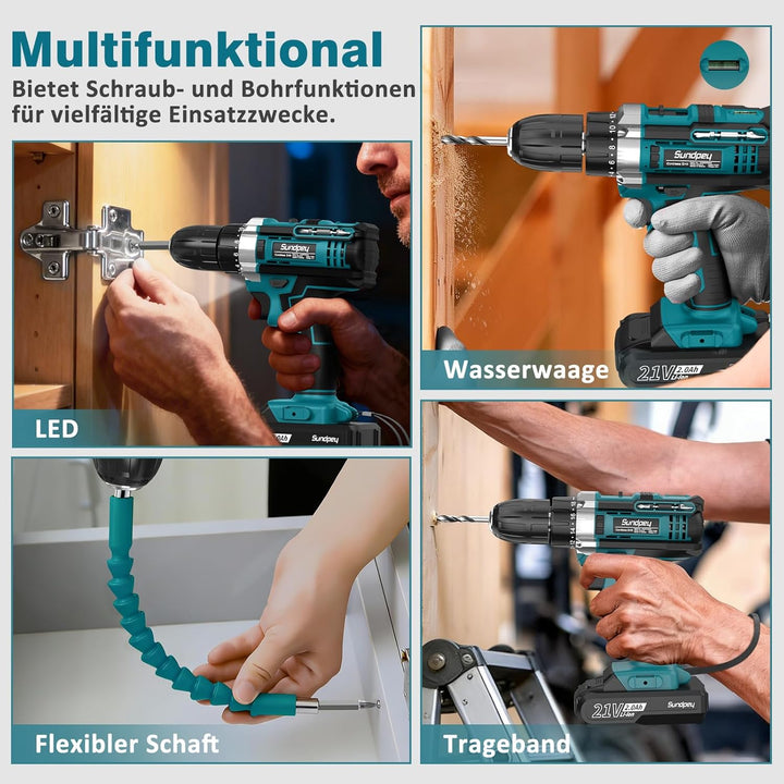 Sundpey Akkuschrauber Set mit 2 Akkus 2,0Ah, 21V Akkubohrer und Schrauber, 1500U/min 45Nm Max Akku B