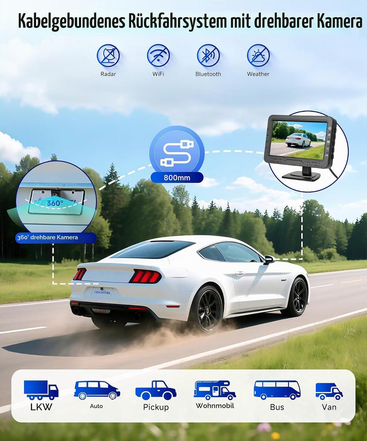 VECHTEL Rückfahrkamera Kable mit 4.3-Zoll-HD-Bildschirm, IP68 Nachtsicht Drehbar Rückfahrkamera mit