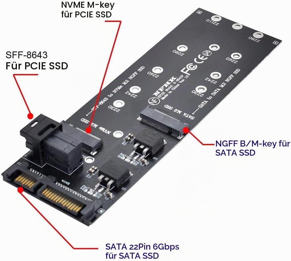 ChenYang M.2 NGFF zu SATA &amp; NVME PCIe SSD zu SFF-8643 Erweiterungskartenadapter für Mainboard (funkt