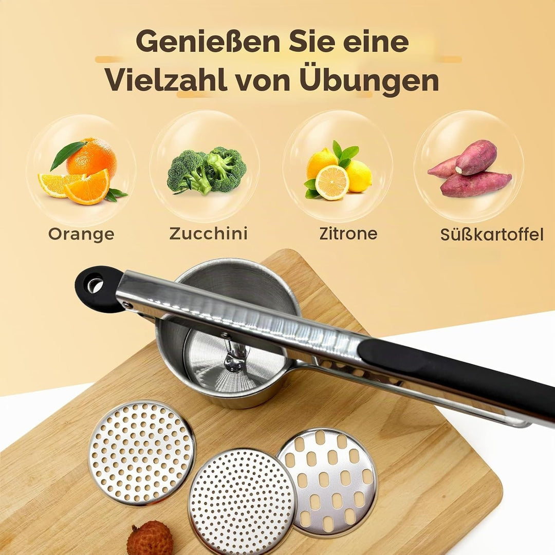 Kartoffelpresse Edelstahl, Kartoffelpresse mit 3 Austauschbaren Scheiben für Kartoffelbrei, Gemüsebr