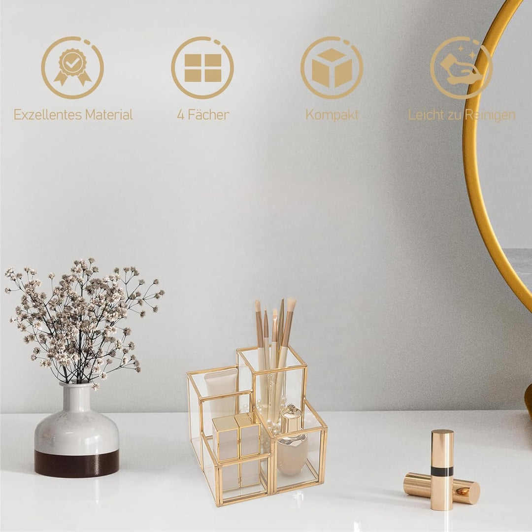 HARLIANGXY Make up Pinsel Organizer Gold, Pinselhalter Kosmetik 4 Fächer - Kosmetik Organizer Glas,