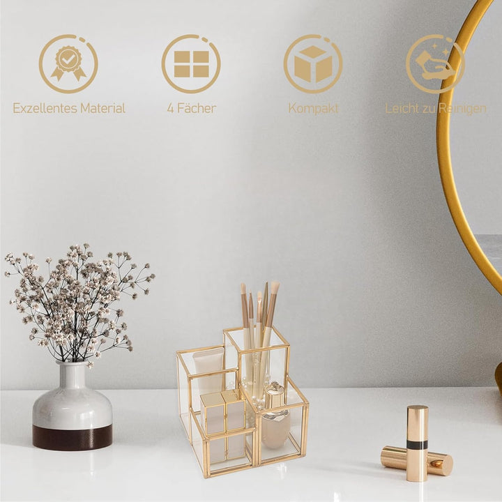 HARLIANGXY Make up Pinsel Organizer Gold, Pinselhalter Kosmetik 4 Fächer - Kosmetik Organizer Glas,