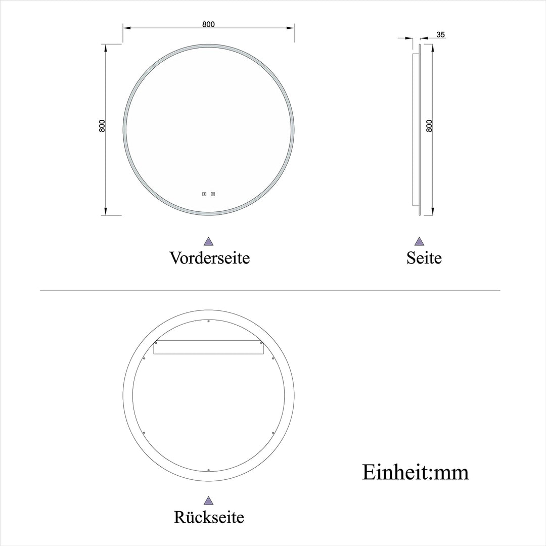 Aica Sanitär Runder Badspiegel Rund 80cm Bluetooth 3 Lichfarbe dimmbar Touchschalter Anti-Beschlag S