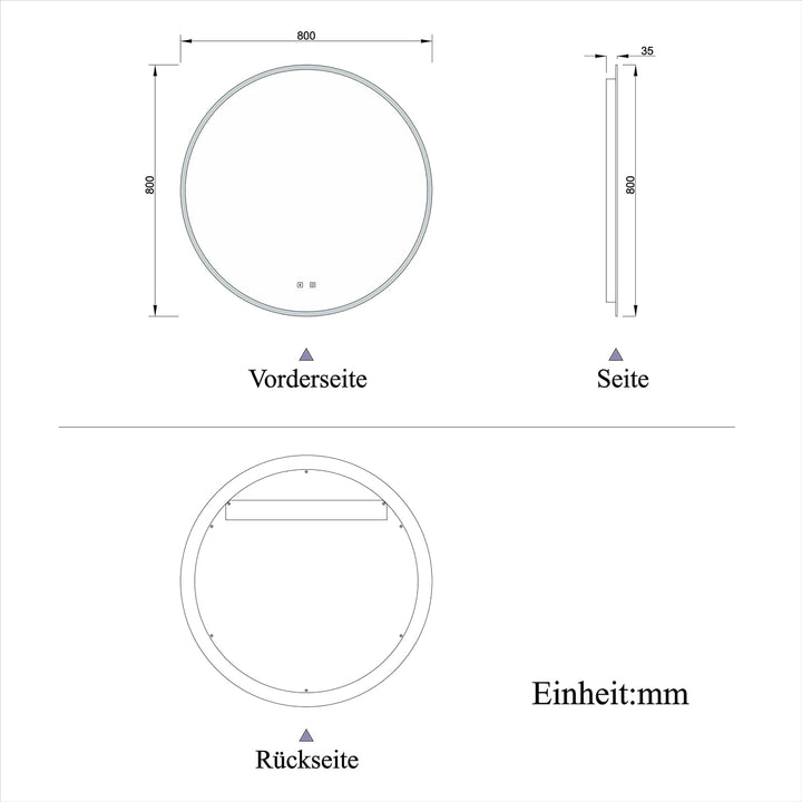 Aica Sanitär Runder Badspiegel Rund 80cm Bluetooth 3 Lichfarbe dimmbar Touchschalter Anti-Beschlag S
