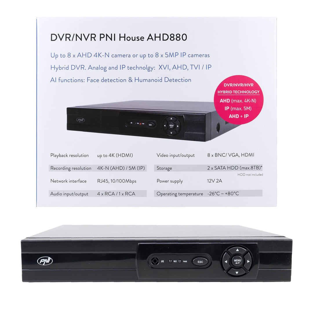 NVR Überwachungssystem Rekorder PNI House AHD880, 8 analoge Kanäle 4K-N oder 8 IP-Kanäle 5MP, H265+,