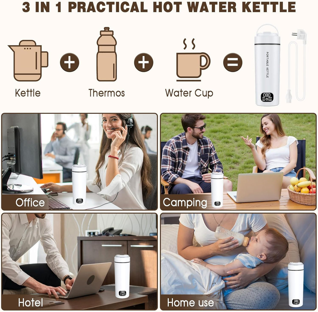Reise Wasserkocher Klein, 450ML Miniwasserkocher, 304 Eeldstahl Reise Schnelles Kochwasser mit 6 Tem