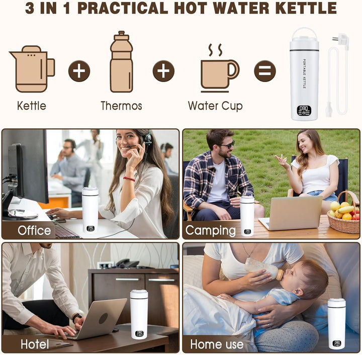 Reise Wasserkocher Klein, 450ML Miniwasserkocher, 304 Eeldstahl Reise Schnelles Kochwasser mit 6 Tem