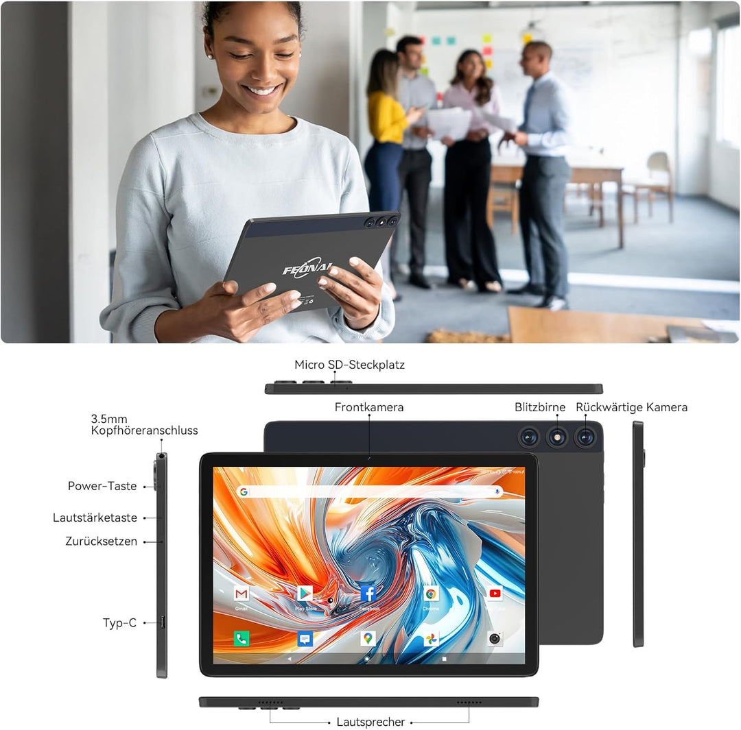 FEONAL Android 15 Tablet 10 Zoll, 4G LTE Tablets Mit 2 SIM 1 SD Slot, 5G WiFi Tablett PC Mit 14GB+12