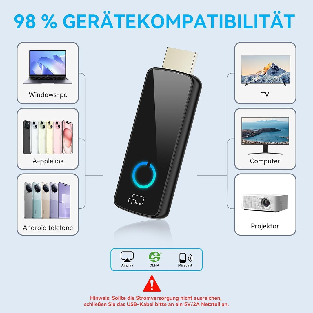 4K Kabelloser Display Dongle Adapter, Wireless HDMI Streaming, Airplay, Miracast, DLNA, Google Casti
