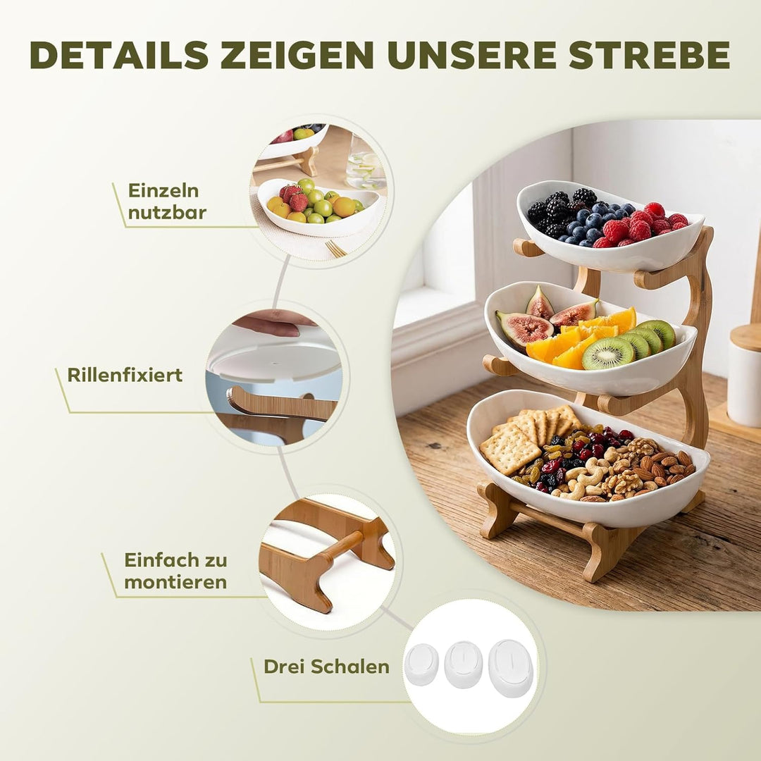 Obstständer 3-stöckig aus Bambus, Mehrstöckiger Obstkübel mit Schalen, Küchenorganizer für Obst und