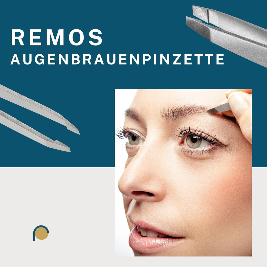 REMOS Pinzetten Set 3-teilig mit Augenbrauen-, Splitter-& Kombipinzette in Satin
