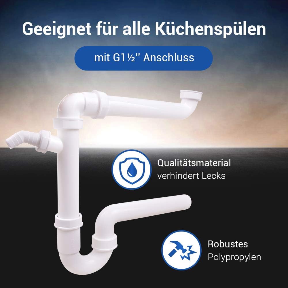 AQUADE Röhrengeruchsverschluss 1 1/2 Zoll Raumsparsiphon mit waagerechtem Abgang 40 mm und 1 Abwasse