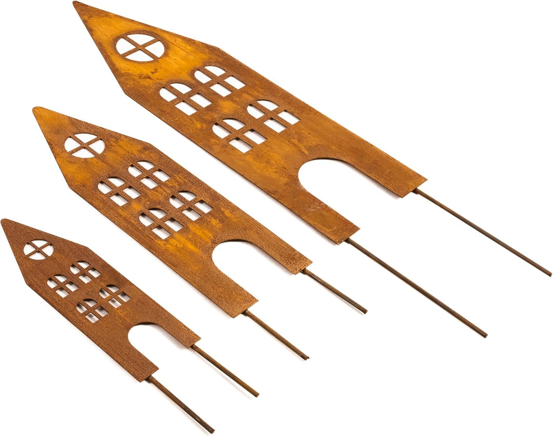 Kapaga - Set - Rostige Gartenstecker Häuser aus Metall - Vintage Garten-Deko - Wetterfeste Dekoratio
