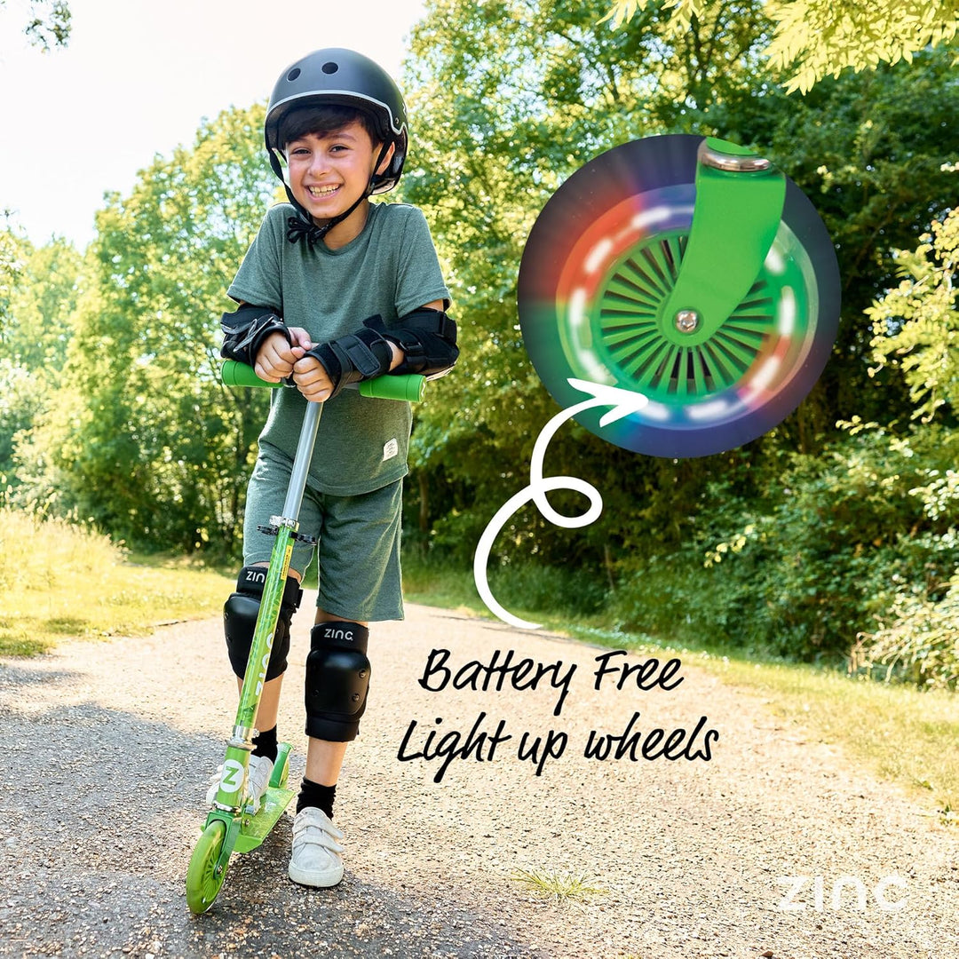 Zinc Two Wheeled Kids Scooter for Ages 3+ – Folding 2-Wheel Kick Scooter with Light Up Wheels, Light