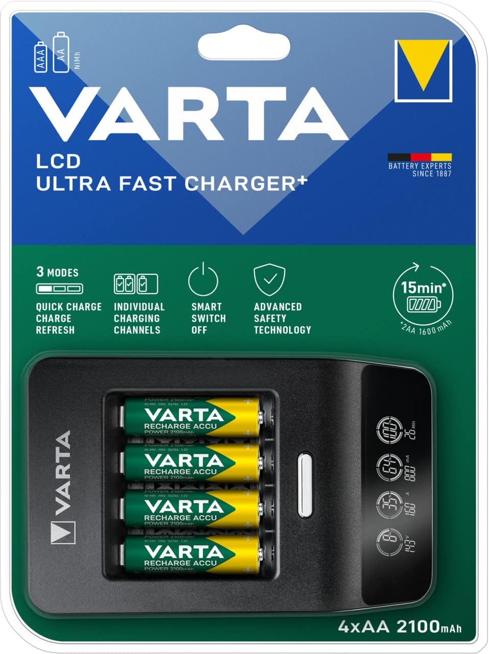 VARTA Akku Ladegerät, inkl. 4x AA 2100mAh, Batterieladegerät für wiederaufladbare AA/AAA, LCD Ultra