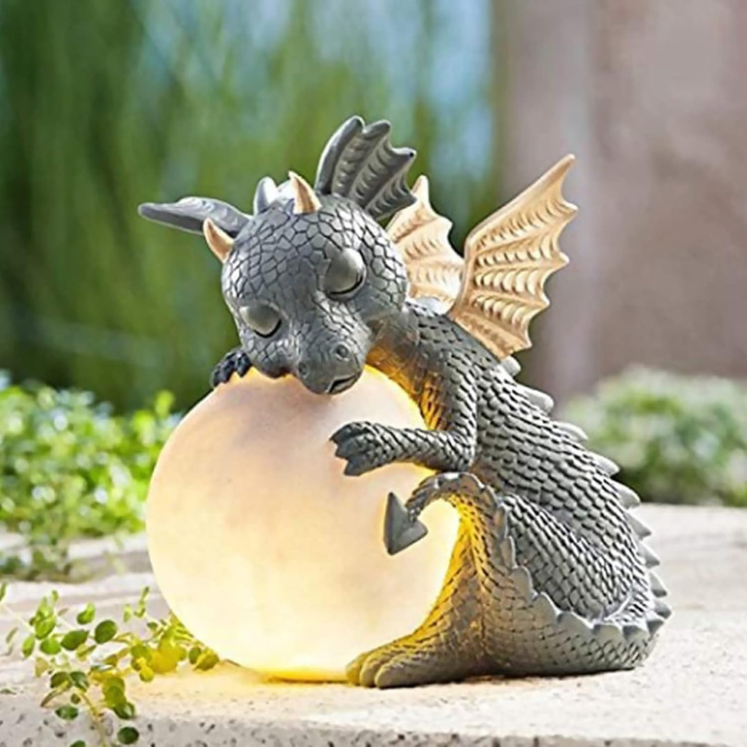 Dekofigur Drache mit Rundes Licht, Drachen Figuren Gartendeko für Draussen, Deko Drache Gartendrache