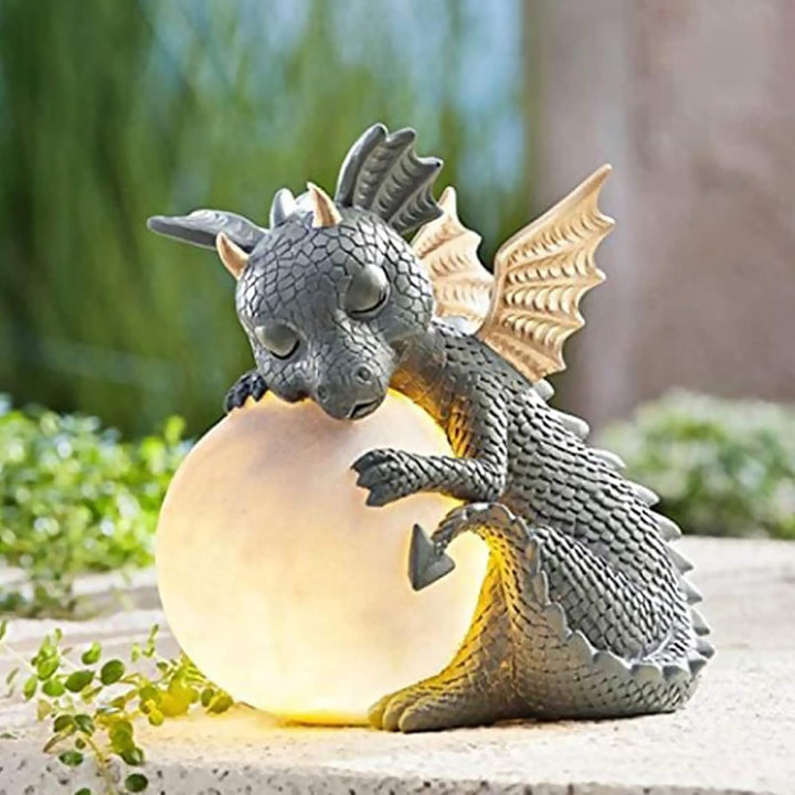 Dekofigur Drache mit Rundes Licht, Drachen Figuren Gartendeko für Draussen, Deko Drache Gartendrache