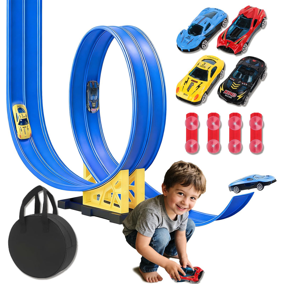 Flexible Autorennbahn Kinder 3 4 5 6 Jahre, 4.5 Meter Rennbahn Rennstrecke Auto Spielzeug mit 4 Spie
