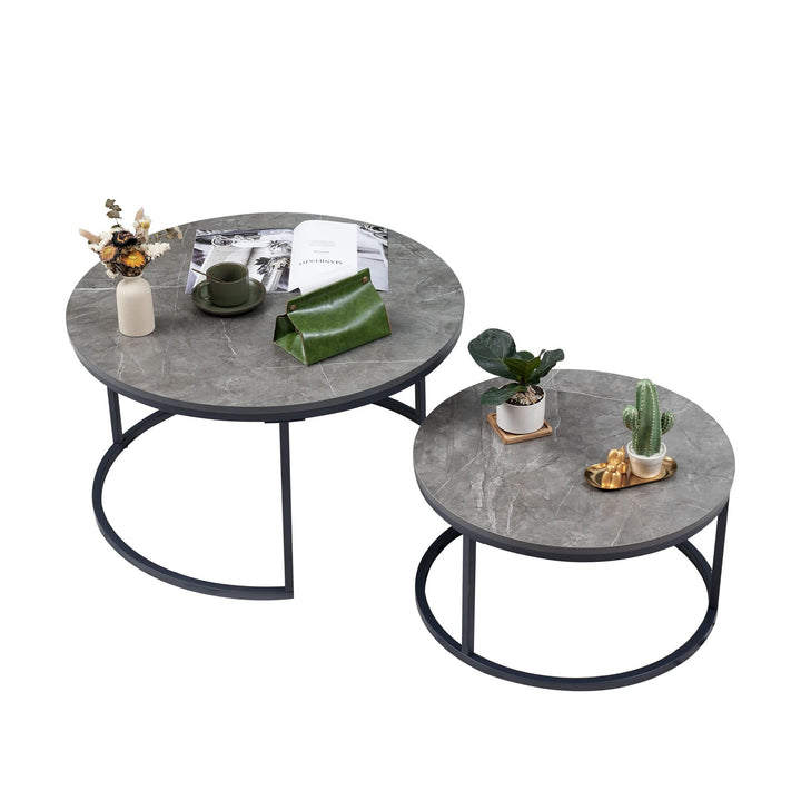 Soayone Couchtisch Rund 2er Set, Dunkelgrau Marmor Couchtisch mit Schwarz Metallgestell, Beistelltis