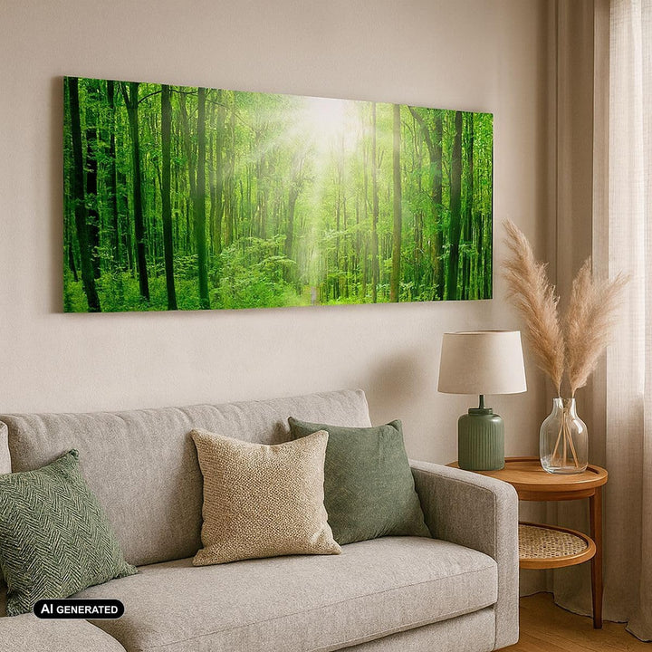 Panorama Bilder auf Leinwand 100x40cm Leinwandbild Sonnenstrahlen Wald Sommer Gross Wanddeko Bild Sc