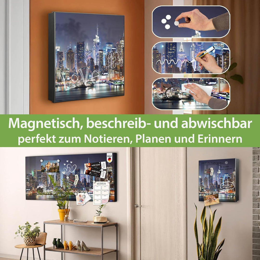 banjado® Grosser Schlüsselkasten Glas/Schlüsselbox 30cm x 30cm mit 50 Haken - Motiv New York/Schlüss