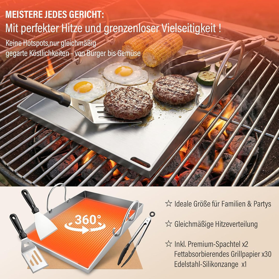 Premium Plancha Grillplatte 40×30 cm – 4 mm Edelstahl, inkl. 3 Grillwerkzeuge &amp; 30 Fettabsorptionspa