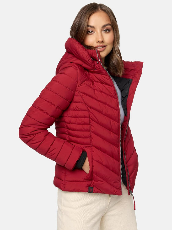 MARIKOO Damen Übergangsjacke leichte Steppjacke kurz mit Abnehmbarer Kapuze Kagomee XS-XXL S Dark Re