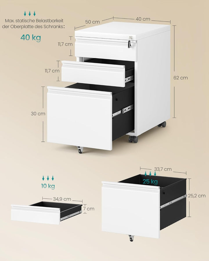 SONGMICS OFC033W101 Büroschrank mit 3 Schubladen, Rollfach auf Rollen, für Zuhause, Stahlgestell, 3