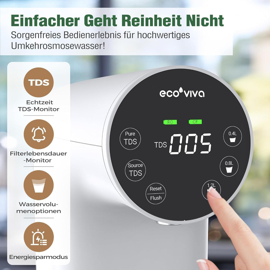 Ecoviva Auftisch Osmoseanlage, Trinkwasser Umkehrosmoseanlage mit 5-stufige Filtration, Echtzeit-TDS