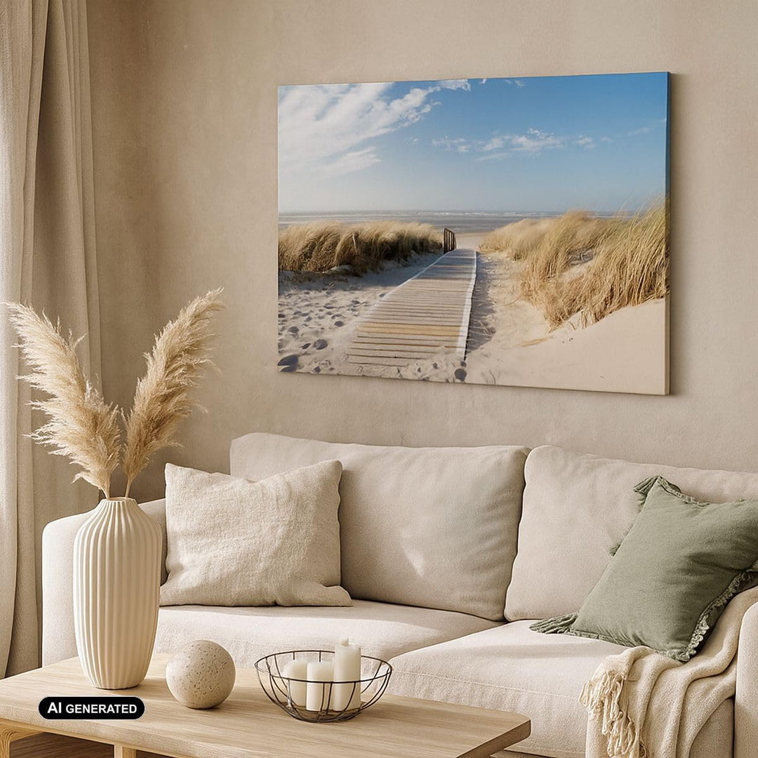 Bilder auf Leinwand 100x70cm Leinwandbild Strand Meer Fussgängerbrücke Ufer Gross Wanddeko Bild Schl