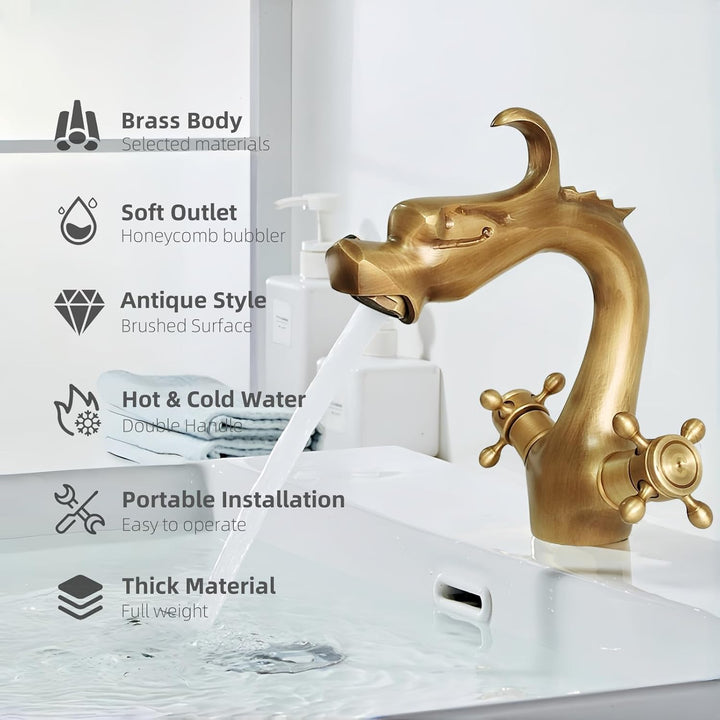 Retro Waschbecken Wasserhahn Bad Messing, Doppelgriff Waschtischarmatur Bronze, Mischbatterie Armatu