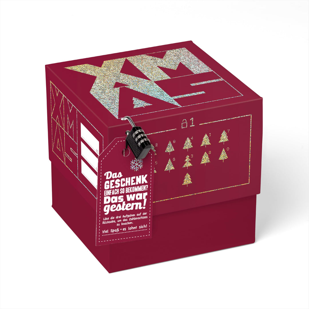 SURPRISA Geschenkbox für Weihnachten, Rätselbox für Geldgeschenke, Glitzer-Design in Rot mit Xmas-Au