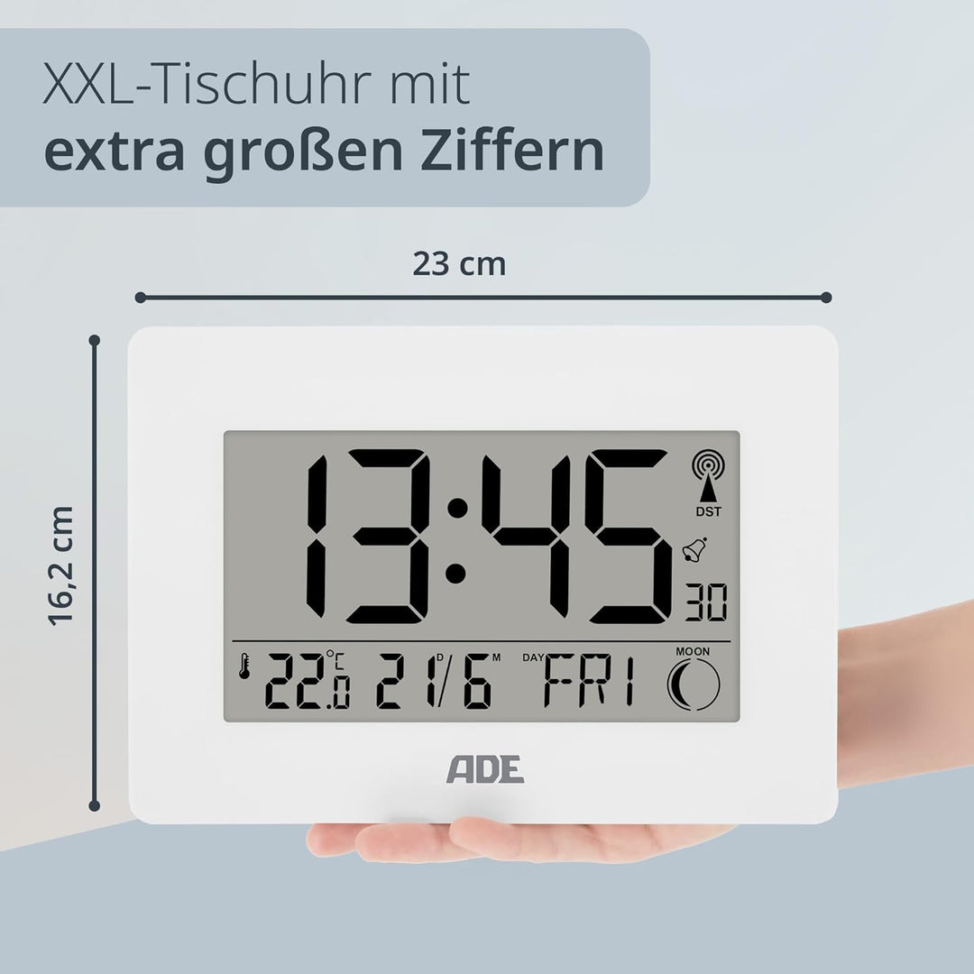 ADE Grosse Funkuhr digital mit XXL-Ziffern | Tischuhr mit Kalender und Wochentag | Digitale Uhr mit