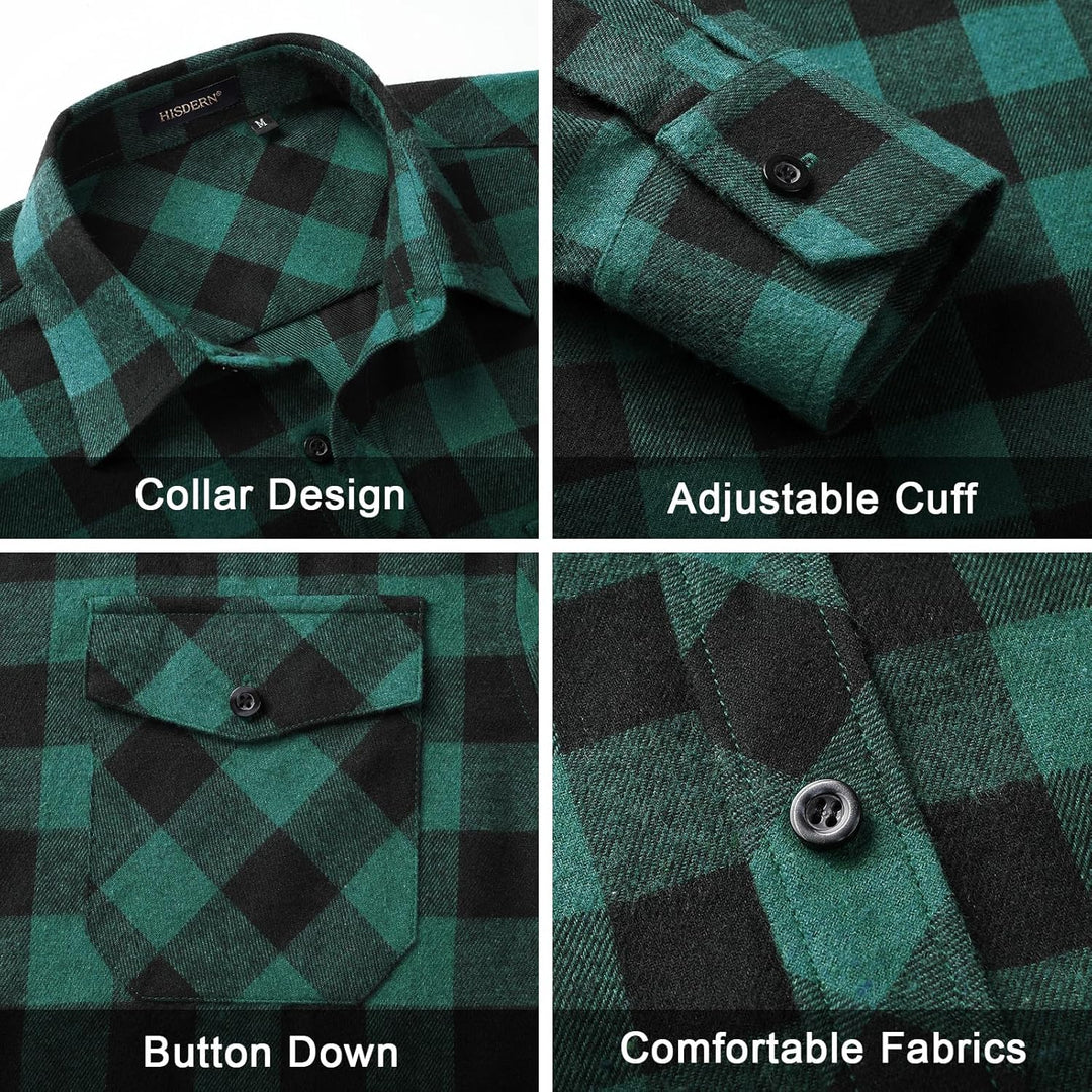 HISDERN Flanellhemd Herren Karierte Hemden Herren Langarm Button Down Baumwolle Holzfällerhemd Regul