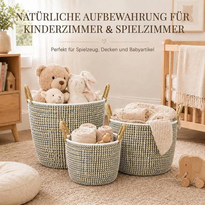 3 Set Wäschekorb Geflochten mit Henkeln | Verschiedene Grössen 32L+17L+8L | Korb ohne Deckel | Handg