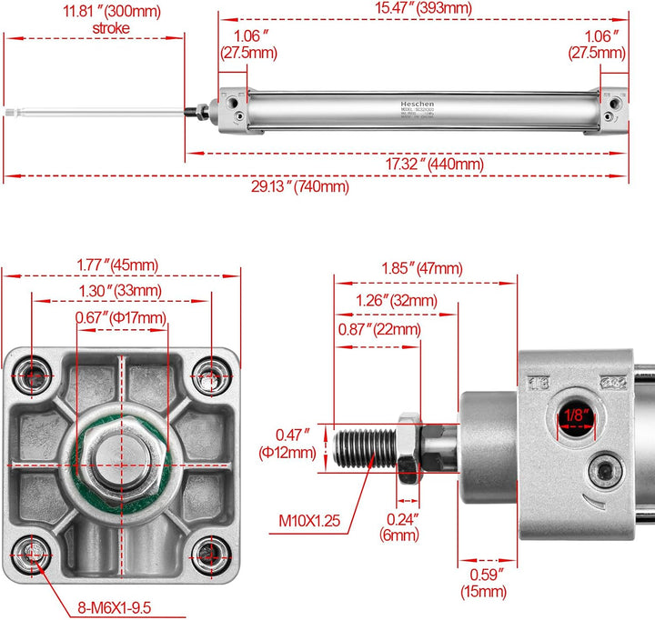 Heschen Pneumatischer Standard-Luftdruckzylinder, SC 32-300, PT1/8 Anschluss, 32mm Bohrung, 300mm Hu
