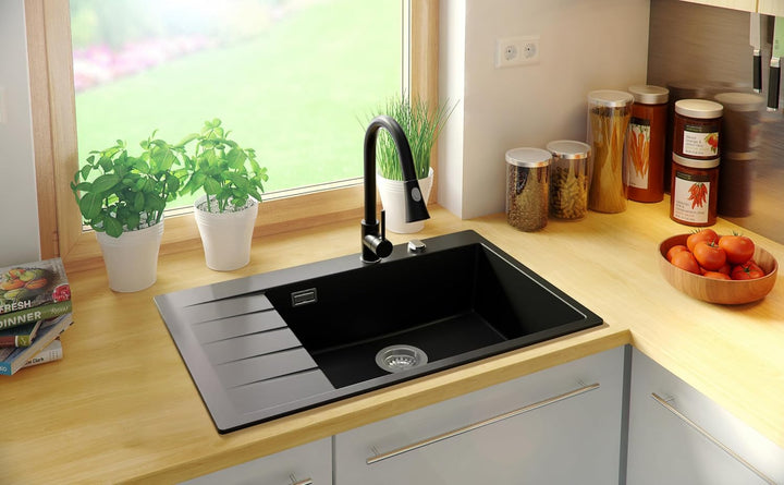 Spülbecken Schwarz 78x50cm, Granitspüle 1 Becken + Ablauf-Set, Küchenspüle ab 60er Unterschrank - Sy