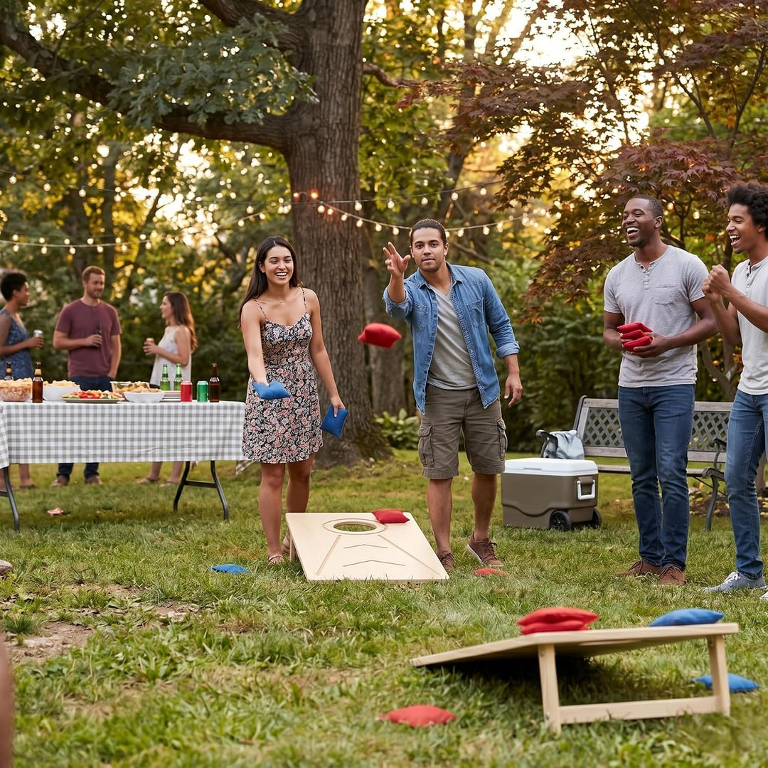 Cornhole Wurfset für Outdoor &amp; Indoor – Bean Bag Toss Set mit 1 Holzbrett und 10 Wurfsäckchen, kompa