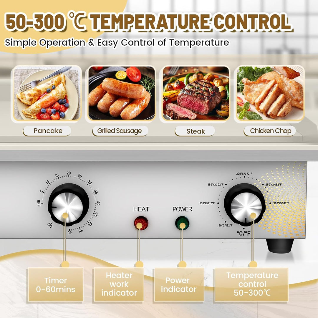 MOOTACO Elektrische Grillplatte mit Zeitschaltuhr, Profi Gastro Elektrogrill mit 54 cm Grillfläche,